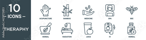 theraphy outline icon set includes thin line acupuncture, bamboo, medicine, spa, bee, herbal, radiation icons for report, presentation, diagram, web design