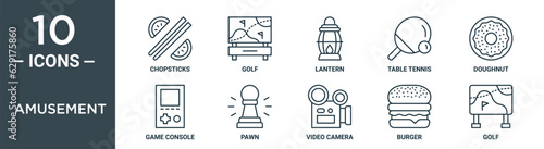 amusement outline icon set includes thin line chopsticks, golf, lantern, table tennis, doughnut, game console, pawn icons for report, presentation, diagram, web design