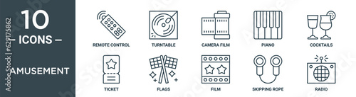 amusement outline icon set includes thin line remote control, turntable, camera film, piano, cocktails, ticket, flags icons for report, presentation, diagram, web design