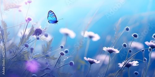 Butterflies and pink bright summer flowers on a background of blue foliage in a fairy garden Fairyland Delights: Butterflies, Pink Flowers, and Blue Foliage © Faiza