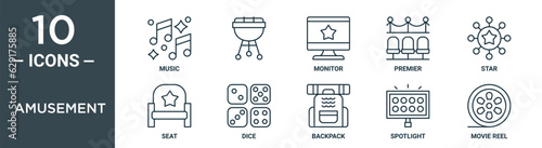 amusement outline icon set includes thin line music, , monitor, premier, star, seat, dice icons for report, presentation, diagram, web design