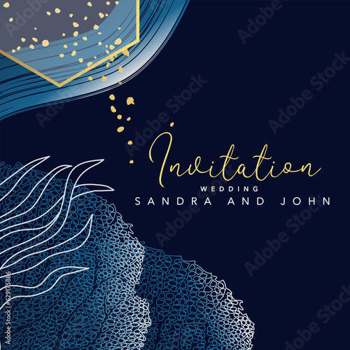 Carte d’invitation pour un mariage, élégante, graphique sur le thème de la mer bleu et or sur un fond bleu marine.