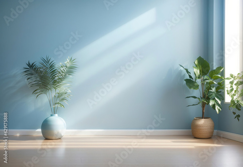 modern room with window and two plants in vase on wooden floor and blue empty wall, Generative Ai