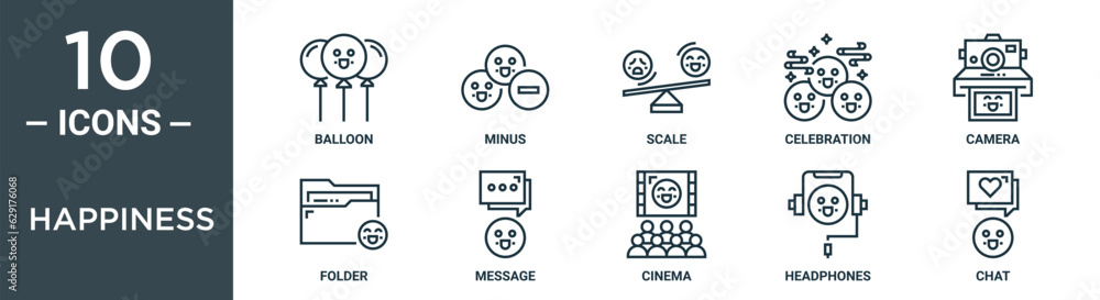 happiness outline icon set includes thin line balloon, minus, scale, celebration, camera, folder, message icons for report, presentation, diagram, web design happiness outline icon set includes thin line balloon, minus, scale, celebration, camera, folder, message icons for report, presentation, diagram, web design