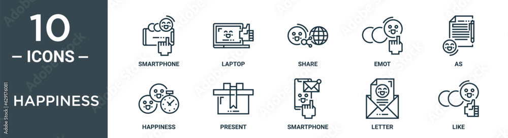 happiness outline icon set includes thin line smartphone, laptop, share, emot, as, happiness, present icons for report, presentation, diagram, web design happiness outline icon set includes thin line smartphone, laptop, share, emot, as, happiness, present icons for report, presentation, diagram, web design