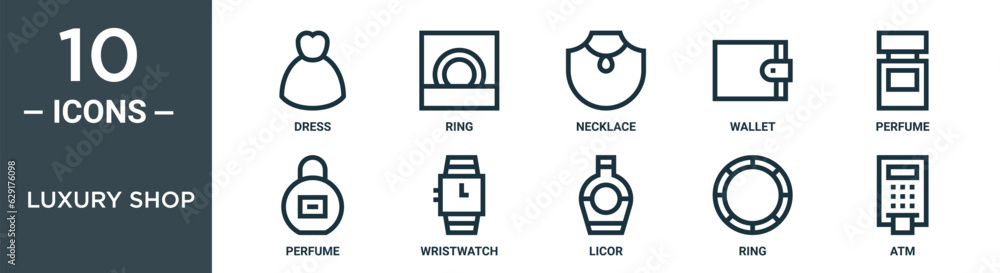 luxury shop outline icon set includes thin line dress, ring, necklace, wallet, perfume, perfume, wristwatch icons for report, presentation, diagram, web design luxury shop outline icon set includes thin line dress, ring, necklace, wallet, perfume, perfume, wristwatch icons for report, presentation, diagram, web design