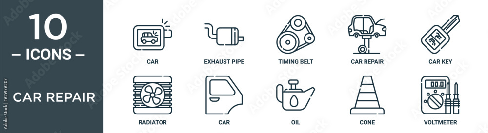 car repair outline icon set includes thin line car, exhaust pipe, timing belt, car repair, key, radiator, icons for report, presentation, diagram, web design car repair outline icon set includes thin line car, exhaust pipe, timing belt, car repair, key, radiator, icons for report, presentation, diagram, web design