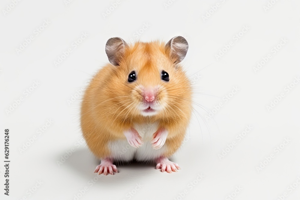 Little cute isolated small hamster sitting on white background. Closeup shot