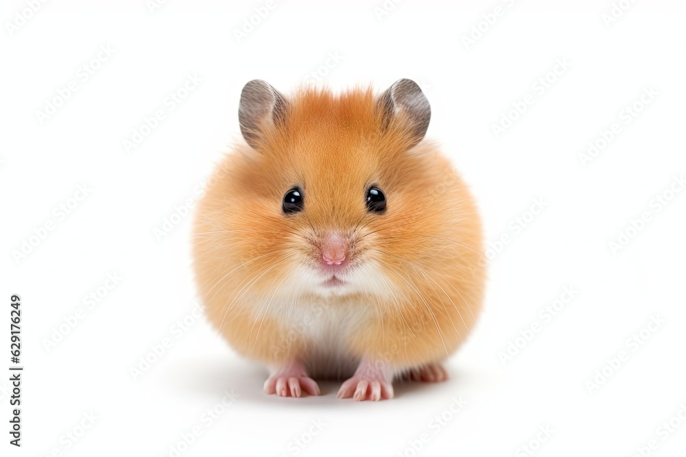 Little cute isolated small hamster sitting on white background. Closeup shot