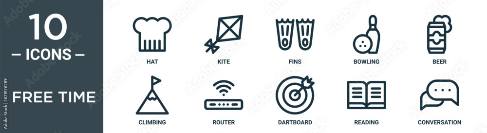 Obraz premium free time outline icon set includes thin line hat, kite, fins, bowling, beer, climbing, router icons for report, presentation, diagram, web design
