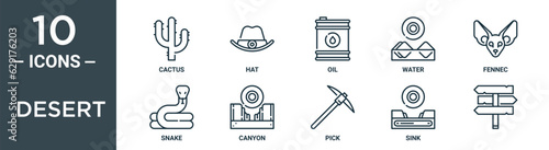 desert outline icon set includes thin line cactus, hat, oil, water, fennec, snake, canyon icons for report, presentation, diagram, web design