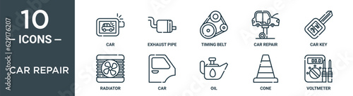 car repair outline icon set includes thin line car, exhaust pipe, timing belt, car repair, key, radiator, icons for report, presentation, diagram, web design