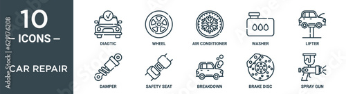 car repair outline icon set includes thin line diagtic, wheel, air conditioner, washer, lifter, damper, safety seat icons for report, presentation, diagram, web design