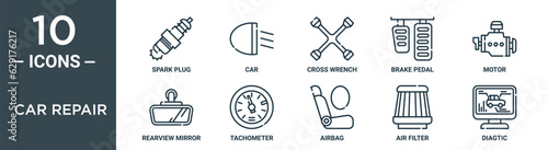 car repair outline icon set includes thin line spark plug, car, cross wrench, brake pedal, motor, rearview mirror, tachometer icons for report, presentation, diagram, web design