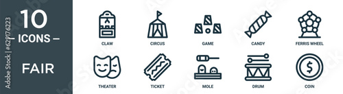 fair outline icon set includes thin line claw, circus, game, candy, ferris wheel, theater, ticket icons for report, presentation, diagram, web design