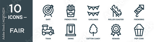 fair outline icon set includes thin line dart, french fries, garlands, roller coaster, fireworks, train, swing icons for report, presentation, diagram, web design