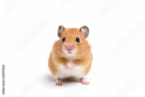 Little cute isolated small hamster sitting on white background. Closeup shot