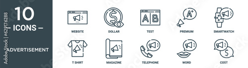advertisement outline icon set includes thin line website, dollar, test, premium, smartwatch, t shirt, magazine icons for report, presentation, diagram, web design