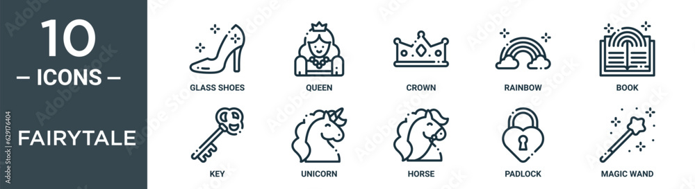 fairytale outline icon set includes thin line glass shoes, queen, crown, rainbow, book, key, unicorn icons for report, presentation, diagram, web design