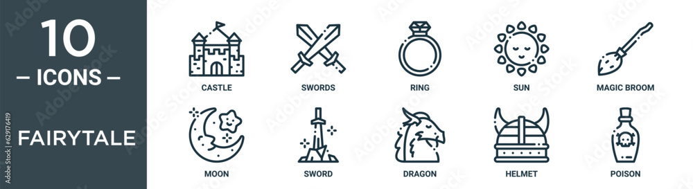 fairytale outline icon set includes thin line castle, swords, ring, sun, magic broom, moon, sword icons for report, presentation, diagram, web design