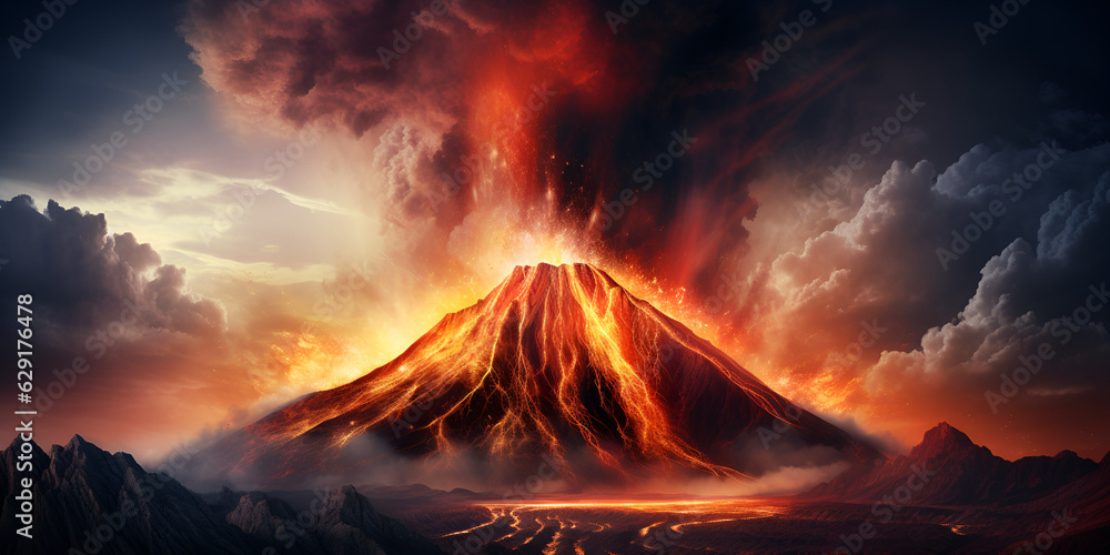 A  mountain with lava and smoke Fury of Fire: A Close-up of a Volcanic Eruption Up-Close with a Mountain Spewing Fire and Smoke 