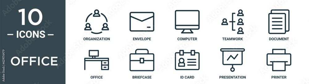 office outline icon set includes thin line organization, envelope, computer, teamwork, document, office, briefcase icons for report, presentation, diagram, web design office outline icon set includes thin line organization, envelope, computer, teamwork, document, office, briefcase icons for report, presentation, diagram, web design