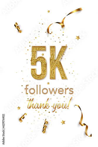 5000 followers celebration vertical vector banner. Social media achievement poster. 5k followers thank you lettering. Golden sparkling confetti ribbons. Shiny gratitude text on white backdrop