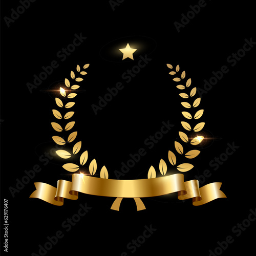 Realistic gold laurel wreath with golden ribbon and star. Premium insignia, traditional victory symbol on black backdrop. Triumph, win poster, banner layout , shiny frame, border