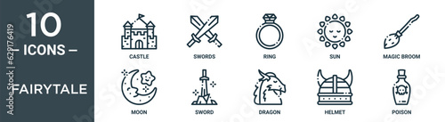 fairytale outline icon set includes thin line castle, swords, ring, sun, magic broom, moon, sword icons for report, presentation, diagram, web design