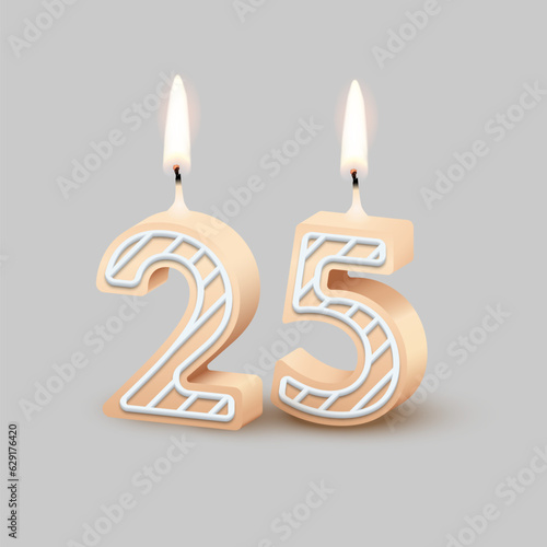 Birthday number twenty five, candle with fire vector illustration. 3D beige number 25 with icing, candlelight for birthday or anniversary cake and happy party, invitation and greeting card template