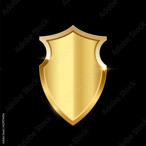 Gold shield vector illustration. Realistic isolated golden armory trophy with metal coat, 3d luxury safety protection emblem, vintage blank shiny royal award