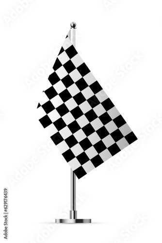 Black and white crossed race flag vector illustration. 3D realistic checkered flag on metal pole for start and finish of sport rally, moto racing flagpole, fabric pennant on pillar