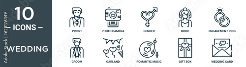 wedding outline icon set includes thin line priest, photo camera, gender, bride, engagement ring, groom, garland icons for report, presentation, diagram, web design