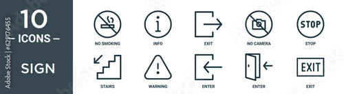 sign outline icon set includes thin line no smoking, info, exit, no camera, stop, stairs, warning icons for report, presentation, diagram, web design
