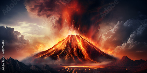 A mountain with lava and smoke Fury of Fire: A Close-up of a Volcanic Eruption Up-Close with a Mountain Spewing Fire and Smoke 