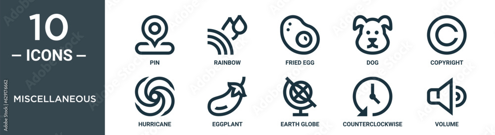 miscellaneous outline icon set includes thin line pin, rainbow, fried egg, dog, copyright, hurricane, eggplant icons for report, presentation, diagram, web design miscellaneous outline icon set includes thin line pin, rainbow, fried egg, dog, copyright, hurricane, eggplant icons for report, presentation, diagram, web design
