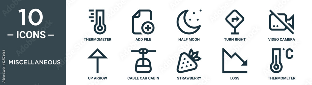 miscellaneous outline icon set includes thin line thermometer, add file, half moon, turn right, video camera, up arrow, cable car cabin icons for report, presentation, diagram, web design