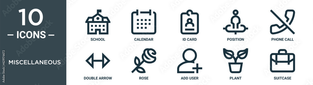 miscellaneous outline icon set includes thin line school, calendar, id card, position, phone call, double arrow, rose icons for report, presentation, diagram, web design miscellaneous outline icon set includes thin line school, calendar, id card, position, phone call, double arrow, rose icons for report, presentation, diagram, web design