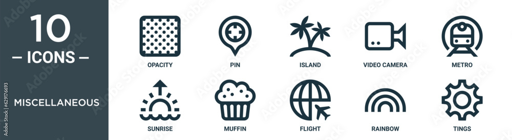 miscellaneous outline icon set includes thin line opacity, pin, island, video camera, metro, sunrise, muffin icons for report, presentation, diagram, web design miscellaneous outline icon set includes thin line opacity, pin, island, video camera, metro, sunrise, muffin icons for report, presentation, diagram, web design