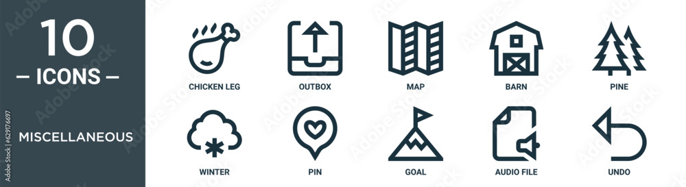 miscellaneous outline icon set includes thin line chicken leg, outbox, map, barn, pine, winter, pin icons for report, presentation, diagram, web design miscellaneous outline icon set includes thin line chicken leg, outbox, map, barn, pine, winter, pin icons for report, presentation, diagram, web design