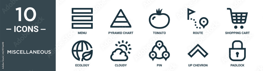 miscellaneous outline icon set includes thin line menu, pyramid chart, tomato, route, shopping cart, ecology, cloudy icons for report, presentation, diagram, web design miscellaneous outline icon set includes thin line menu, pyramid chart, tomato, route, shopping cart, ecology, cloudy icons for report, presentation, diagram, web design
