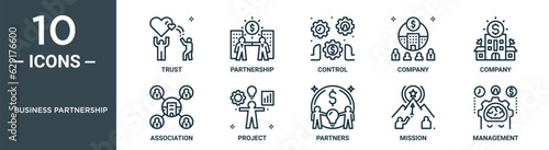 business partnership outline icon set includes thin line trust, partnership, control, company, company, association, project icons for report, presentation, diagram, web design