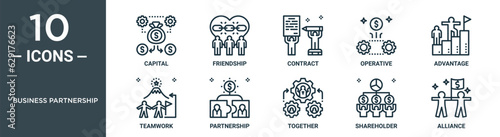 business partnership outline icon set includes thin line capital, friendship, contract, operative, advantage, teamwork, partnership icons for report, presentation, diagram, web design