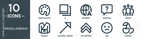 miscellaneous outline icon set includes thin line paint palette, s, internet, question, group, karate, diagonal arrow icons for report, presentation, diagram, web design