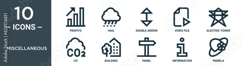 miscellaneous outline icon set includes thin line profits, hail, double arrow, video file, electric tower, co, building icons for report, presentation, diagram, web design