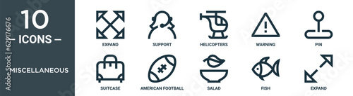 miscellaneous outline icon set includes thin line expand, support, helicopters, warning, pin, suitcase, american football icons for report, presentation, diagram, web design