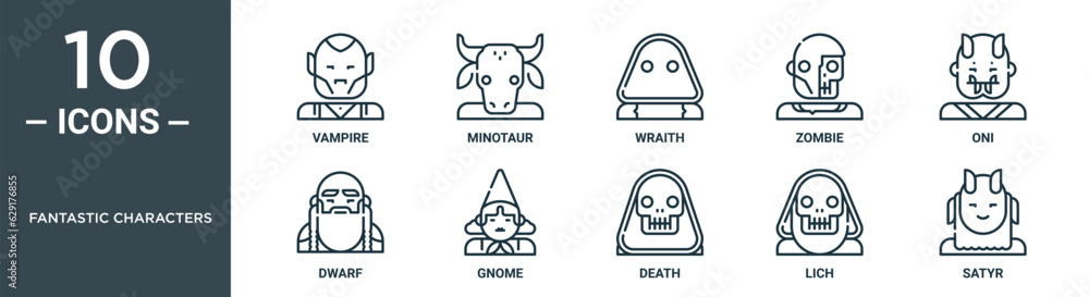 fantastic characters outline icon set includes thin line vampire, minotaur, wraith, zombie, oni, dwarf, gnome icons for report, presentation, diagram, web design fantastic characters outline icon set includes thin line vampire, minotaur, wraith, zombie, oni, dwarf, gnome icons for report, presentation, diagram, web design