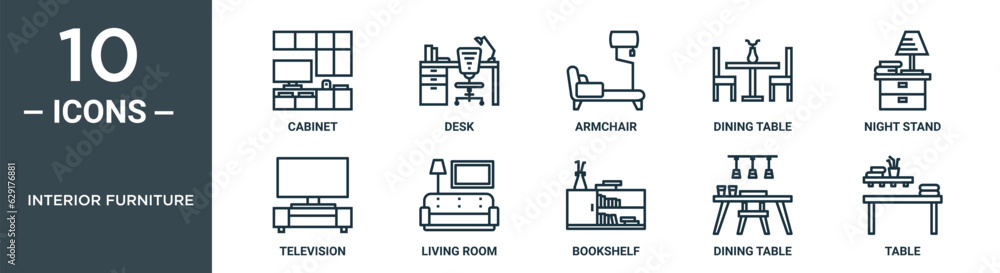 interior furniture outline icon set includes thin line cabinet, desk, armchair, dining table, night stand, television, living room icons for report, presentation, diagram, web design interior furniture outline icon set includes thin line cabinet, desk, armchair, dining table, night stand, television, living room icons for report, presentation, diagram, web design