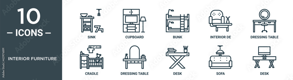 interior furniture outline icon set includes thin line sink, cupboard, bunk, interior de, dressing table, cradle, dressing table icons for report, presentation, diagram, web design interior furniture outline icon set includes thin line sink, cupboard, bunk, interior de, dressing table, cradle, dressing table icons for report, presentation, diagram, web design