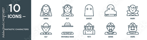 fantastic characters outline icon set includes thin line onna, elf, ghost, , fairy, elf, invisible man icons for report, presentation, diagram, web design